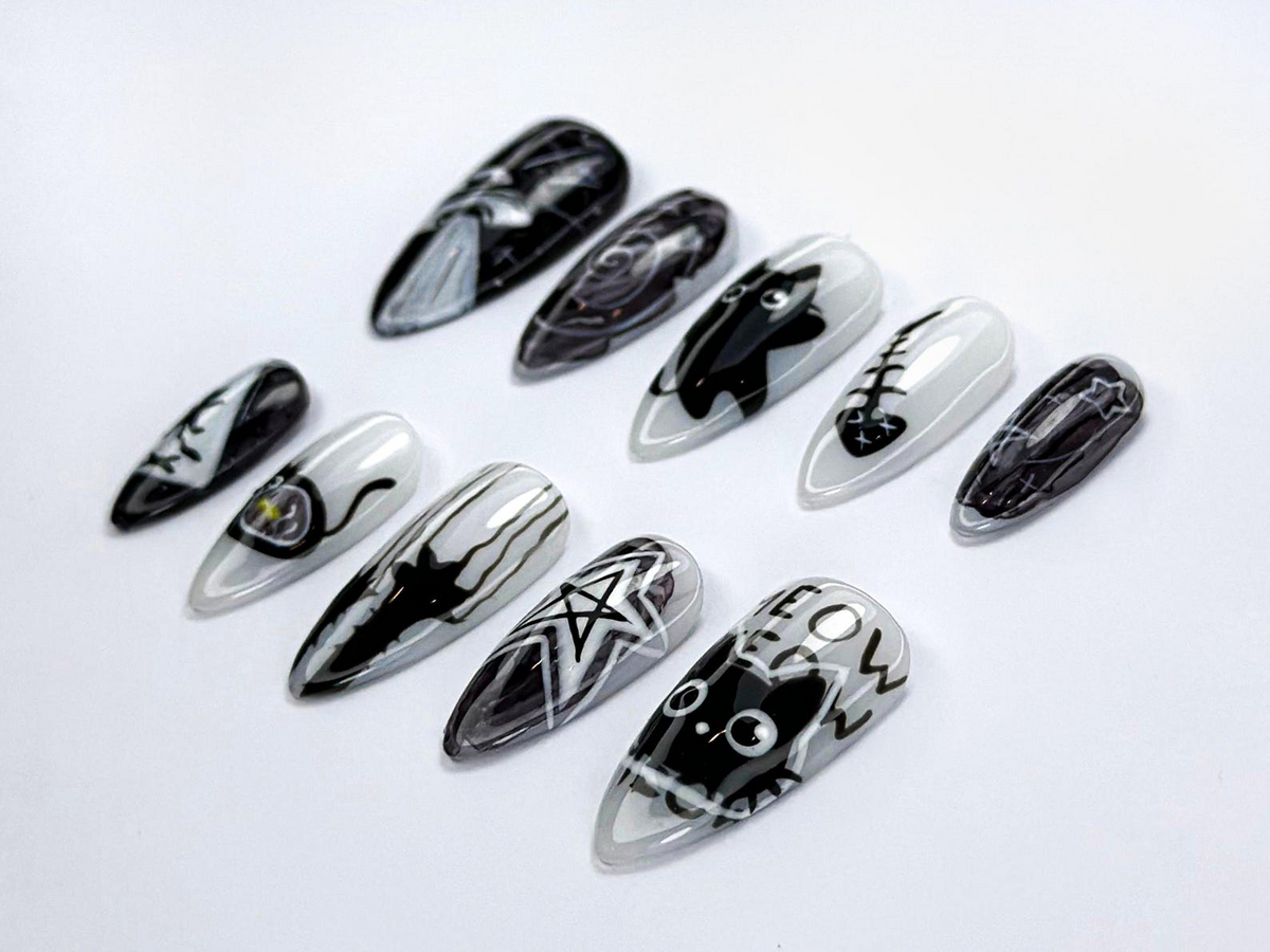 Alien Cat-Themed Press-On Nails Cute Creepy Goth Nail Art Cat Alien Aesthetic Black Cat & Star Nail Set Horror Nails OB736HC