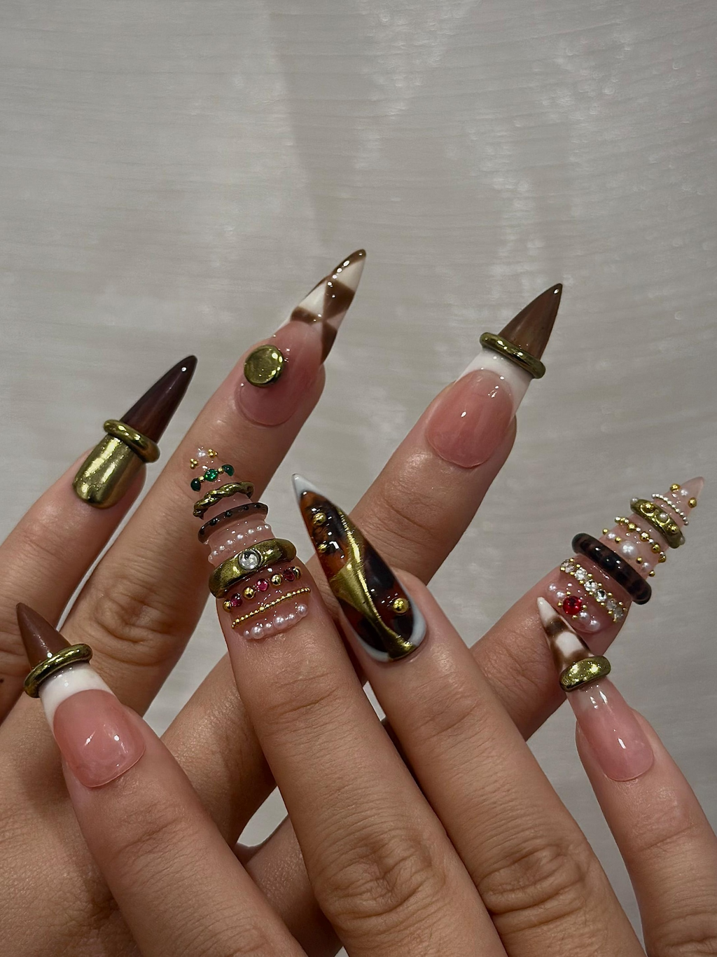 Brown Gold Luxe Press On Nails, Sculptural Ring Nail Art, Luxury Jewelry Inspired Nails