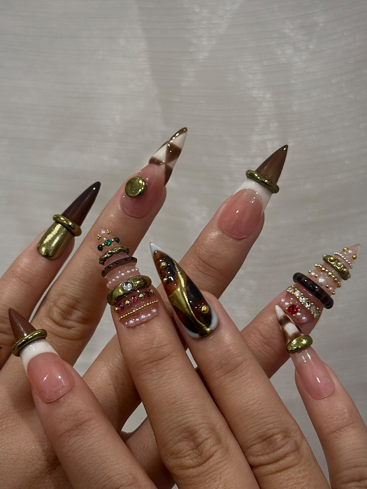 Brown Gold Luxe Press On Nails, Sculptural Ring Nail Art, Luxury Jewelry Inspired Nails