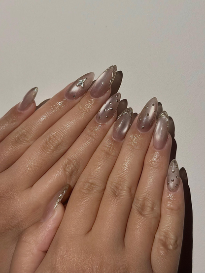 Luxury Cat Eye Press On Nails, Luxury Gold Foil Trim Fake Nails, Elegant Nude Shimmer