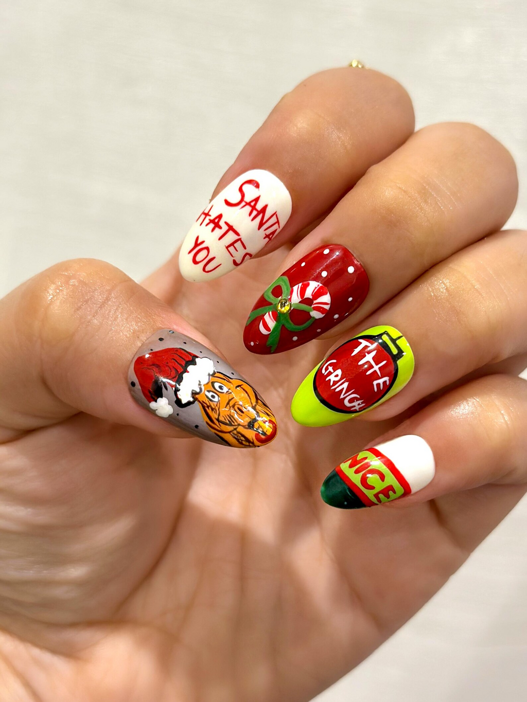 Grinch Mischief Press On Nails For Christmas Cute Cartoon Winter Nail Art Funny Holiday
