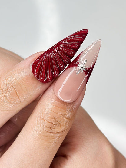 Deep Lily & Crimson Ripple Nails, 3D Floral Dark Red Press Ons, Luxury Moody Romantic