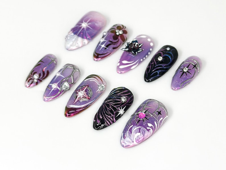 Galaxy Glitter Purple Press On Nails Galaxy Star Nail Art Metallic Purple Nails Elegant Nail Set Holographic Star Nails OB671HC