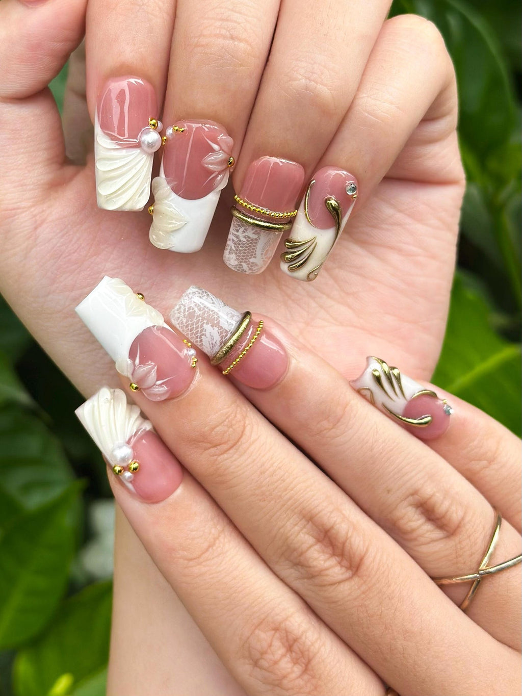 Royal Balletcore Press On Nails, Luxury Pearl Bow Fake Nails, Handpainted Gold French