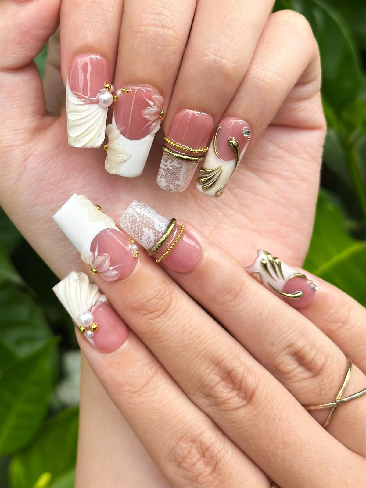 Royal Balletcore Press On Nails, Luxury Pearl Bow Fake Nails, Handpainted Gold French