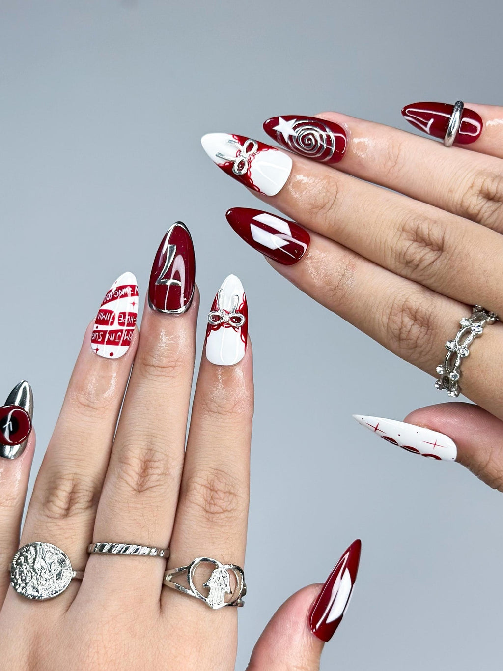 Kpop Inspired Cupid Voyage Nails, 7 Spirit Arirang Love Muse Press Ons, Red White Silver