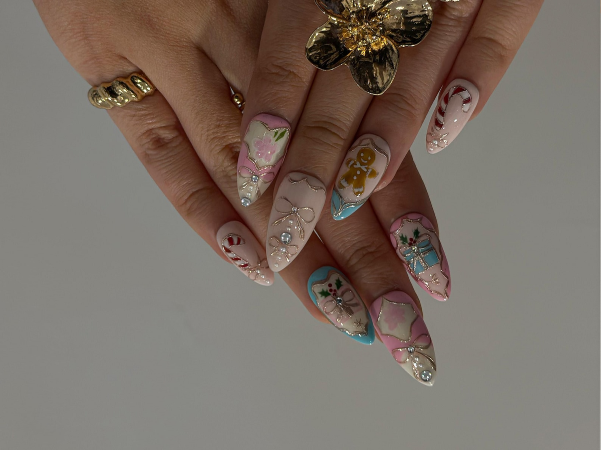 Pink Pastel Christmas Press On Nails Pastel Gingerbread & Candy Cane Nails Pink Christmas Press Ons Cute Festive Design