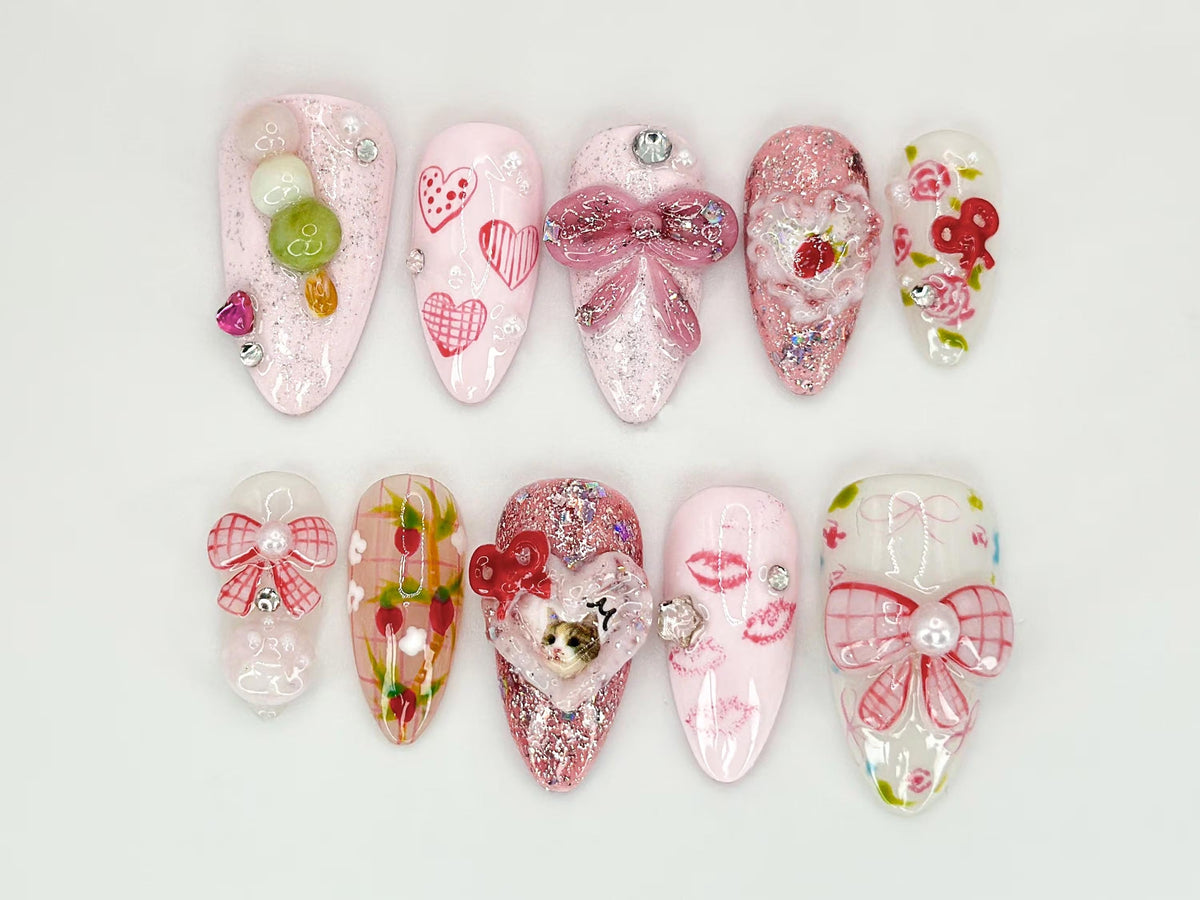 Pink Bow Romance Press On Nails Cat, Heart & Ribbon Themed Nail Art Custom Cat Nail Designs Cute and Sparkly Pet Nail Art OC556HC