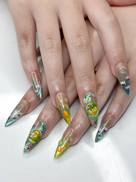 Zen Koi Pond Press On Nails, 3D Lotus Flower & Goldfish Art, Ethereal Ombre Shimmer Nails