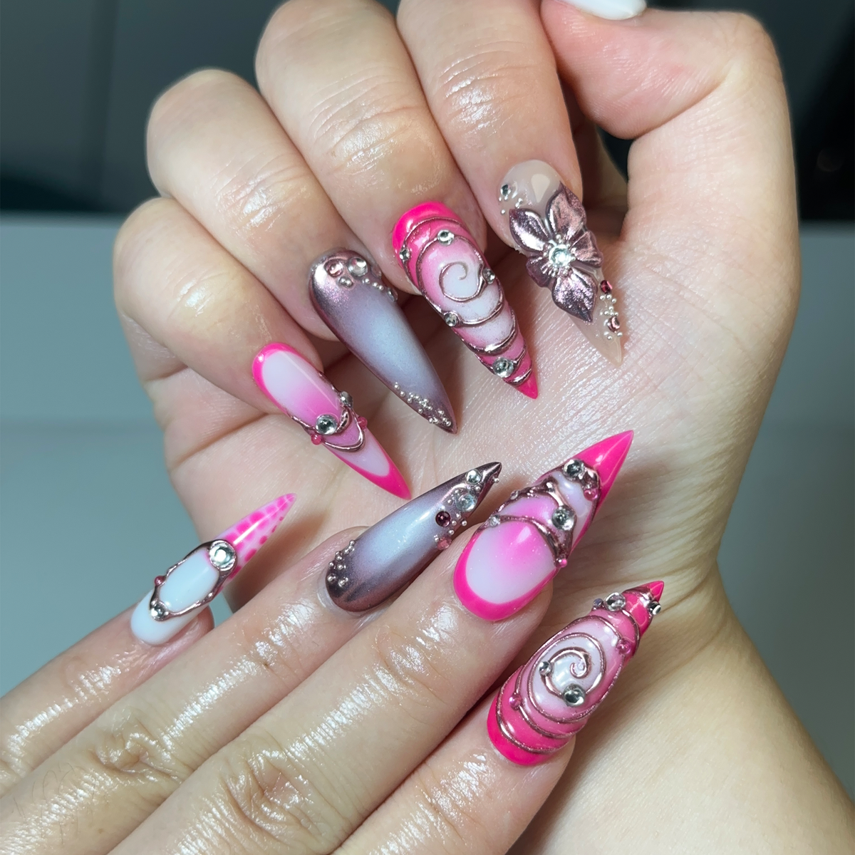 Hot Pink Press On Nails, Luxury Cyber Gyaru Stiletto Nails, 3D Chrome Flower Metallic Fake