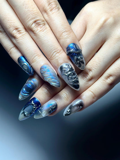 Galaxy Gothic Press On Nails Dark Blue Chrome Cat Eye Nails Celestial Star Night Nail