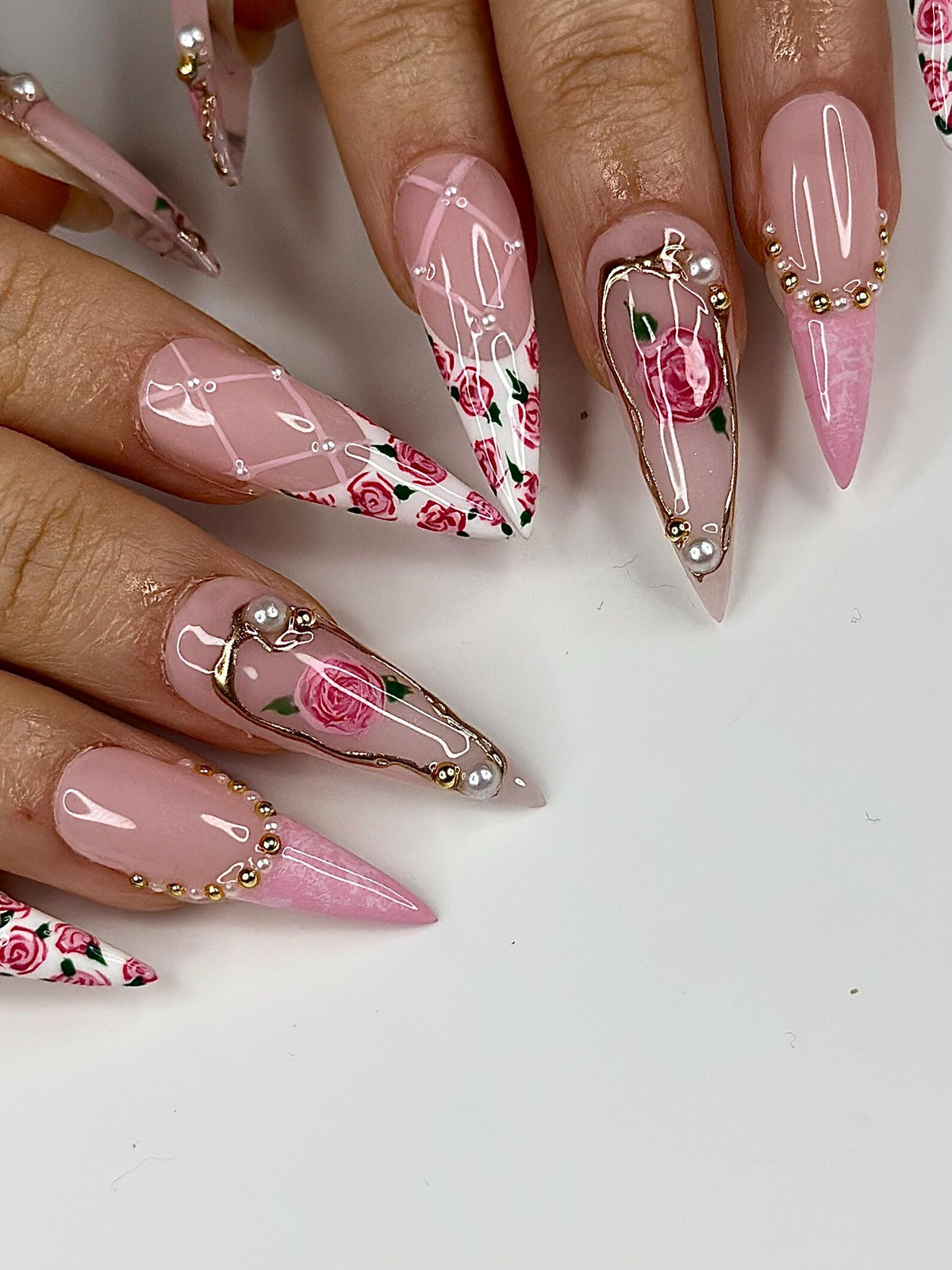 Vintage Rose Stiletto Press On Nails Pink Rose Bridal Nails for Women French Tip Floral