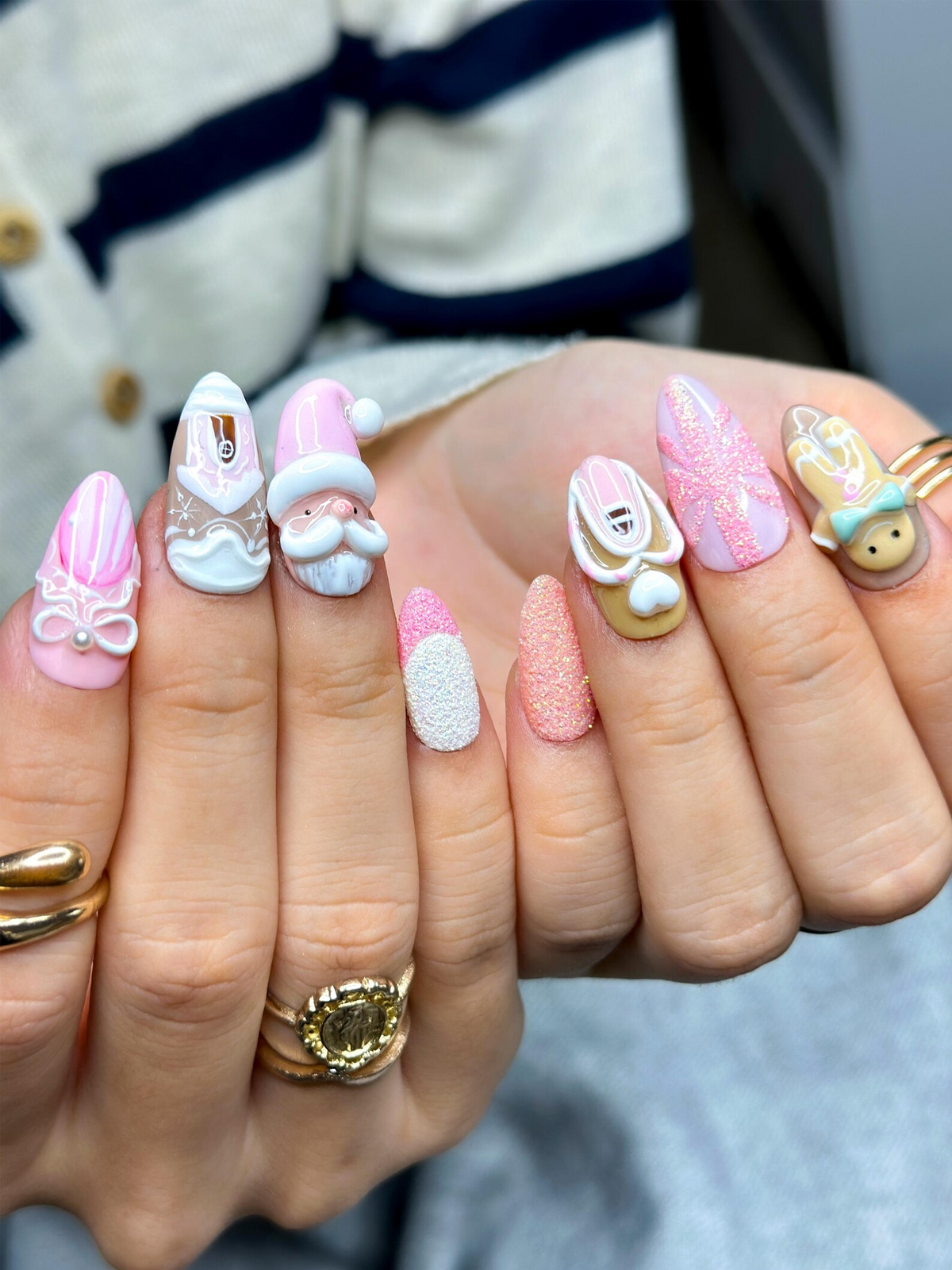 Pink Gingerbread Christmas Press On Nails Festive Holiday Nail Art 3D Santa & Candy Cane Nail Set Handmade Pink Winter Nails