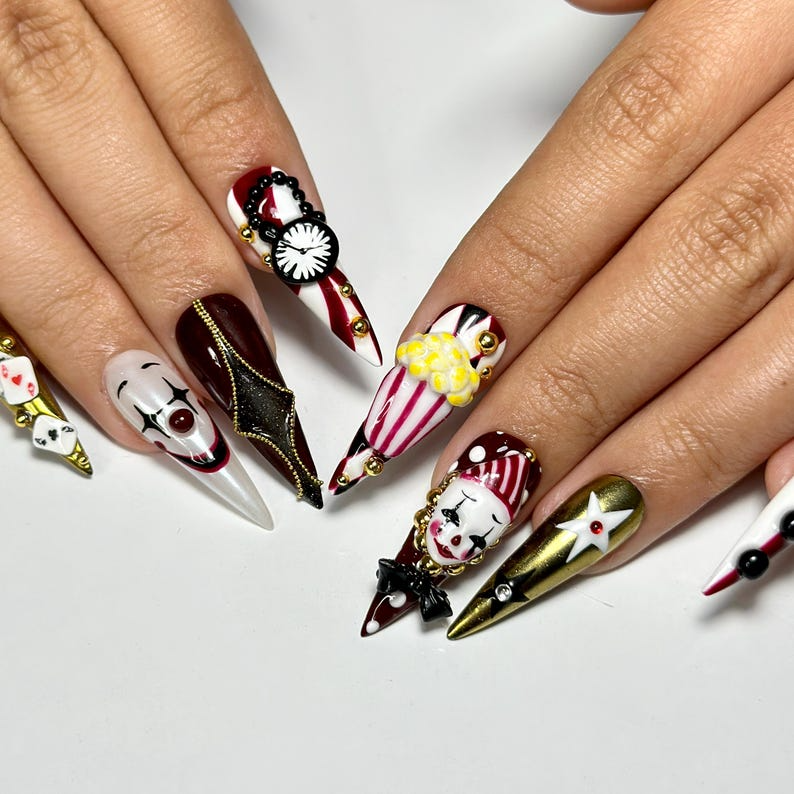 Halloween Circus Press On Nails, Spooky Clown Faces Nail Art, Gothic Harlequin Fake Nails