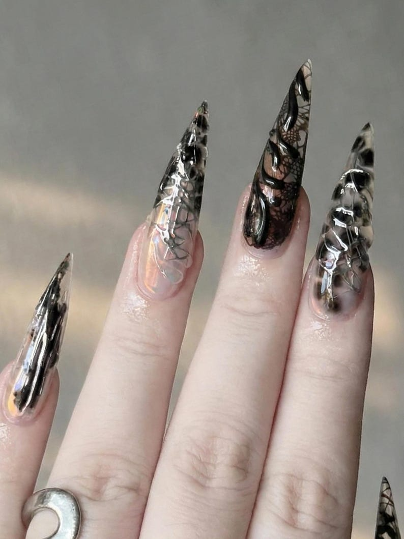 Press On Nails Adhesive Tabs – Black Silver Chrome Abstract Art Long Stiletto Handmade