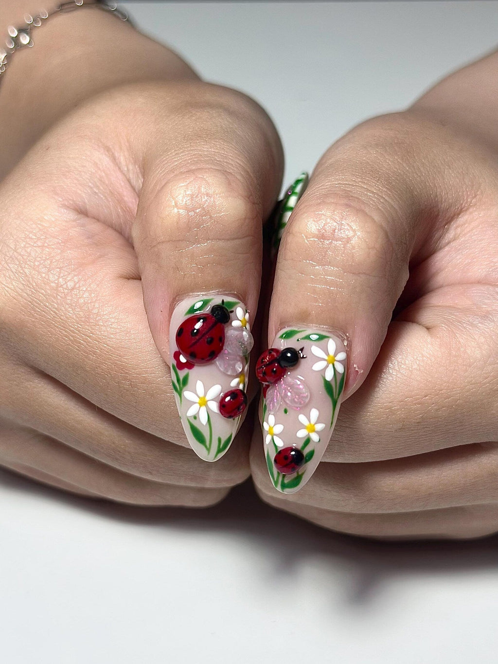Cottagecore Daisy Ladybug Nails Spring Gingham Press On Nails Cute Picnic Nail Art Green