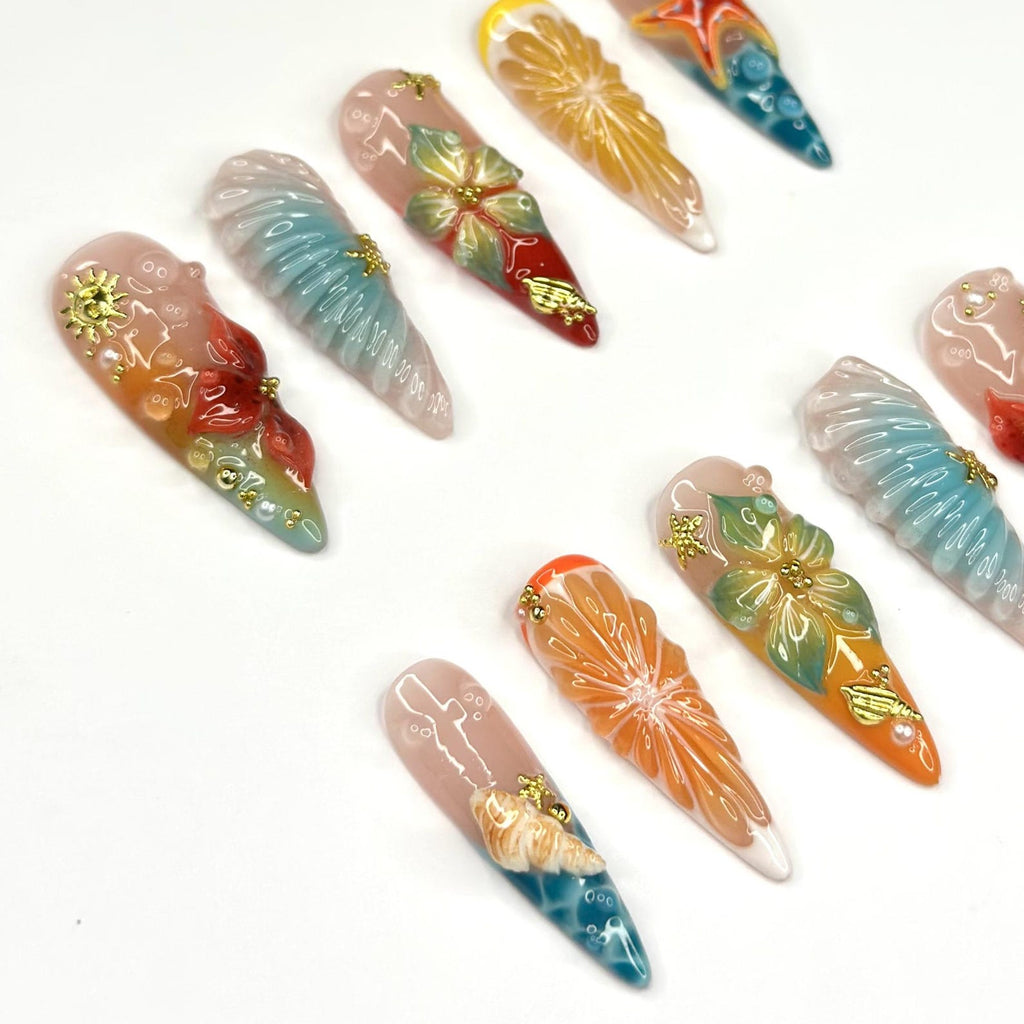 3D Fruit & Tropical Flower Nails, Yellow Lemon Orange Citrus Press On, Pastel Blue Shell