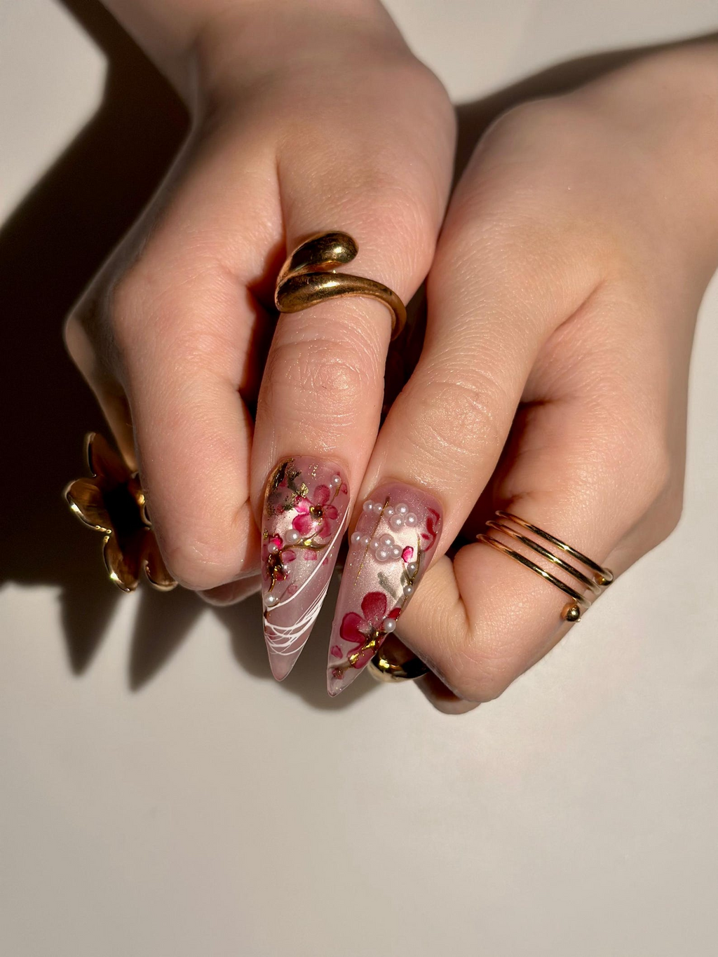 Handmade Cherry Blossom Press On Nails, Asian Inspired Luxury 3D Jade and Gold Leaf Nails