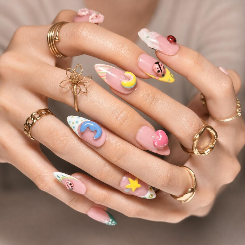 Cute 3D Ladybug Summer Press On Nails Almond • Tropical Pool Party Vibe • Rainbow Star