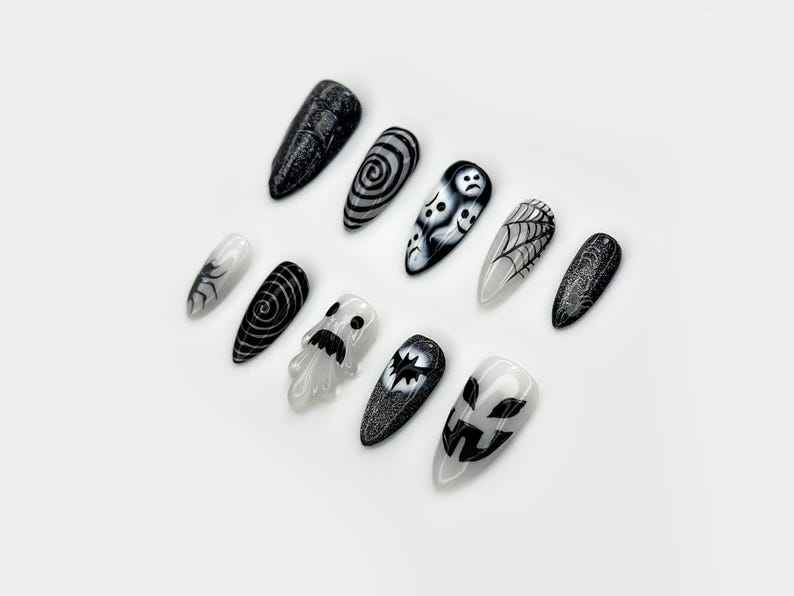 Press on nails for halloween| Black White Gothic Halloween Nails 3D Ghost & Spider Design Spooky Night Nail Art