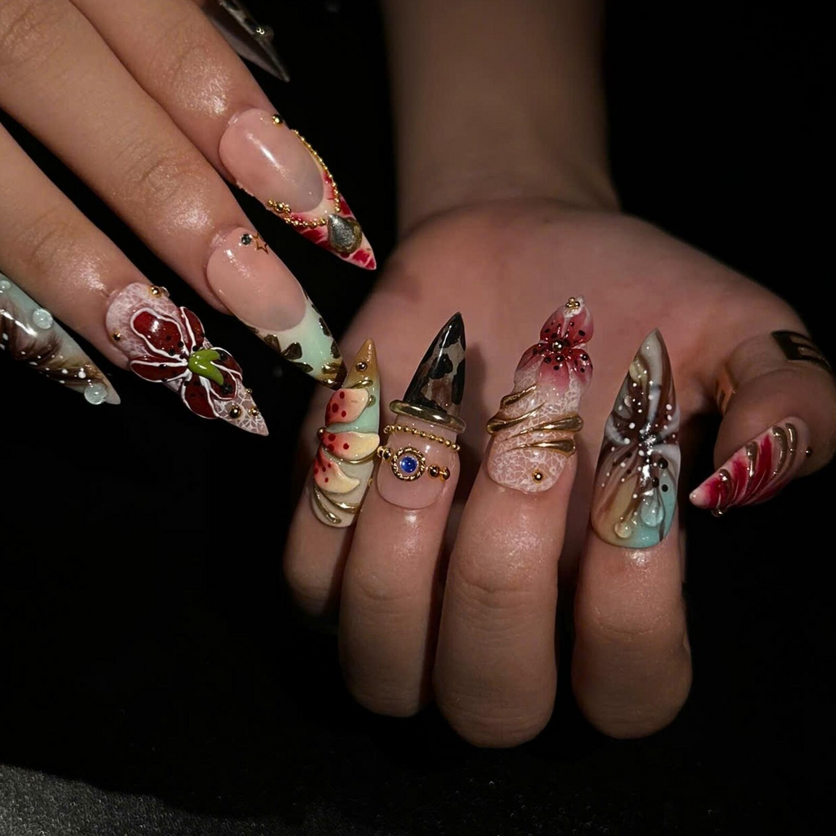Luxury Floral Press On Nails, Burgundy Gold Nails, 3D Flower Nail Set, Vintage Glam