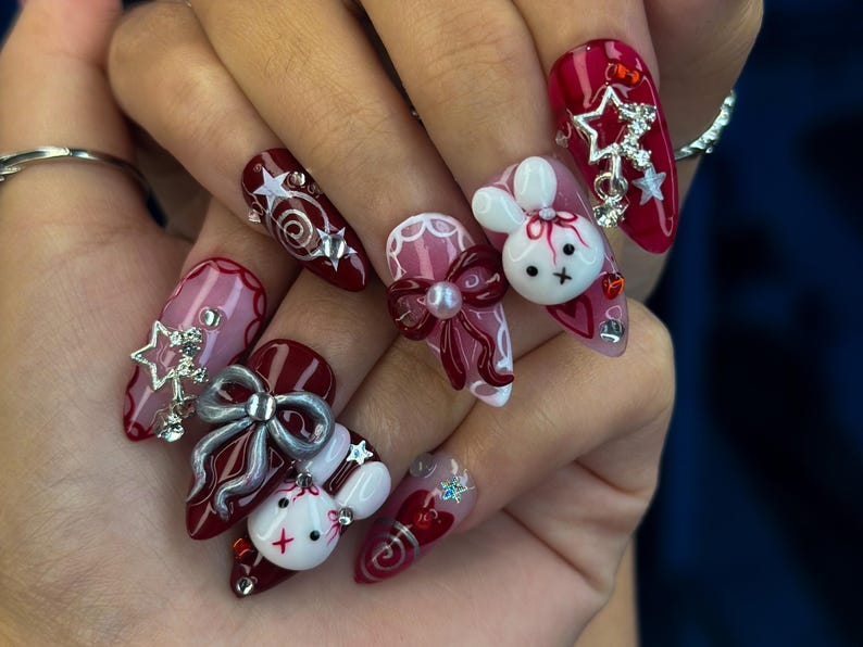 Gothic Bunny Dream Press On Nails Red And Pink Festive Nail Art 3D Bunny & Bow Charms Starry Holiday Glam Nails
