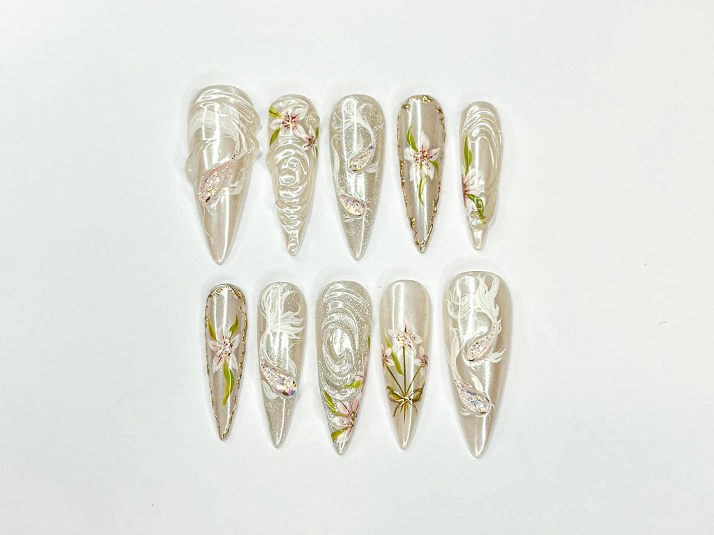 Ethereal Floral Press On Nails, Pearl Chrome Stiletto Nails, 3D White Flower Nails, Luxury