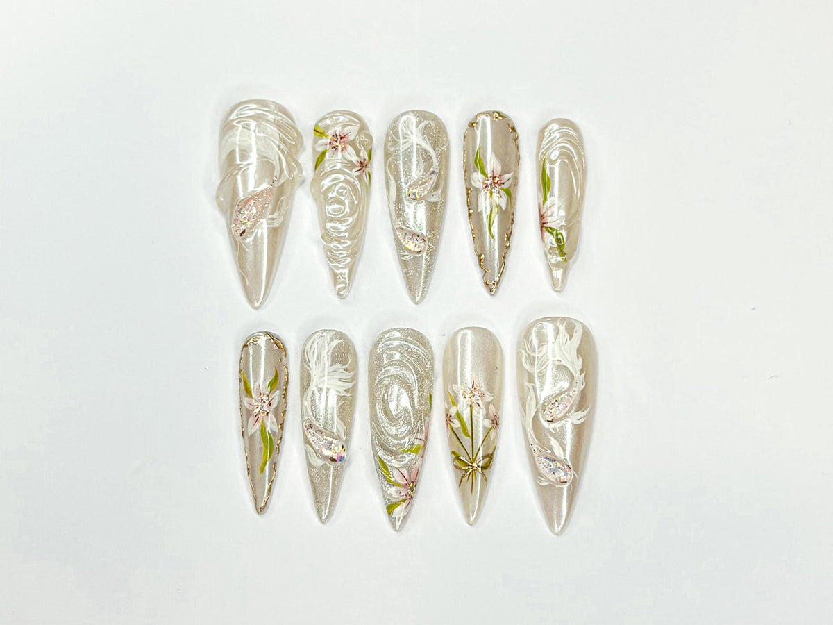 Ethereal Floral Press On Nails, Pearl Chrome Stiletto Nails, 3D White Flower Nails, Luxury