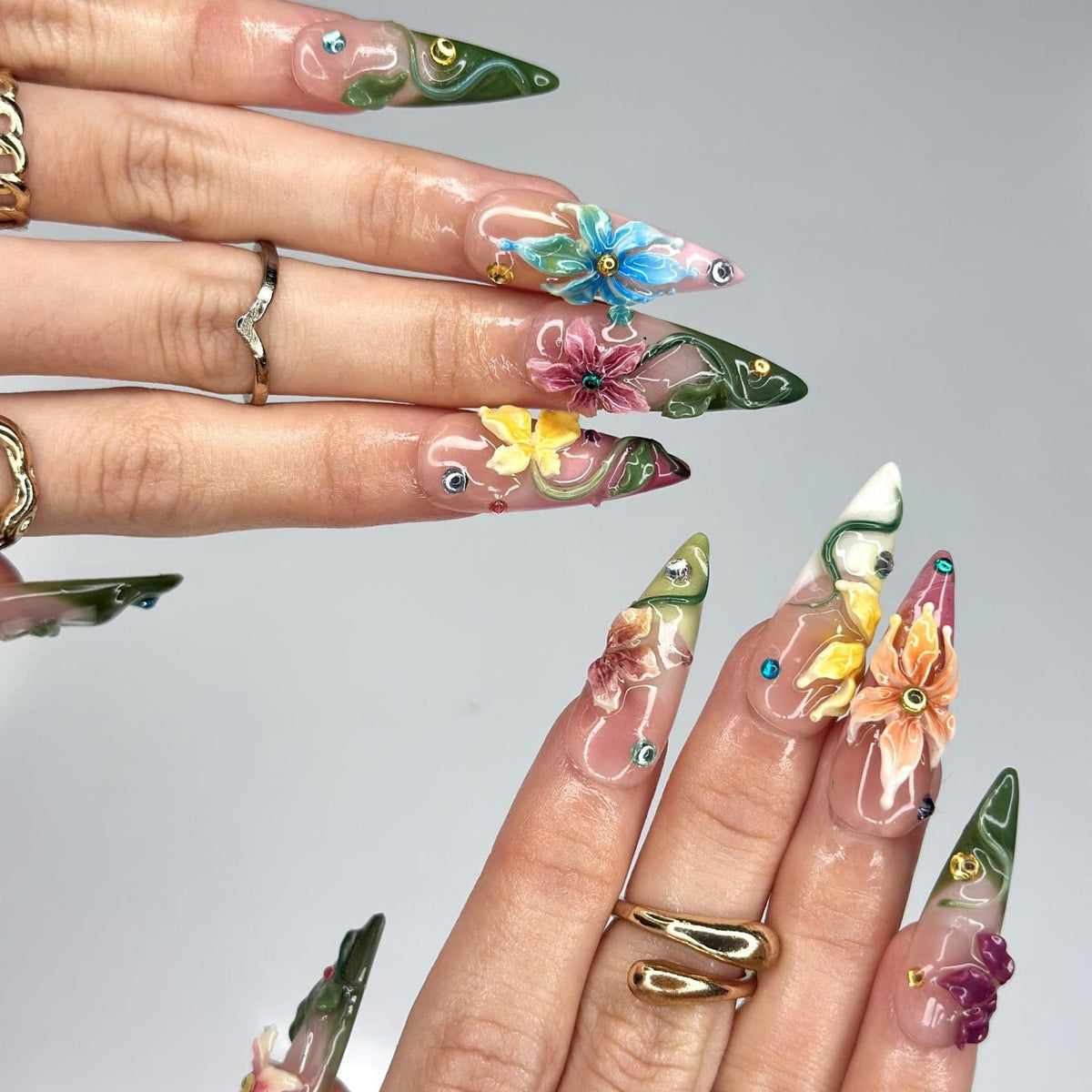 3D Tropical Flower Fairy Press On Nails, Colorful Floral & Green Vine Art, Whimsical