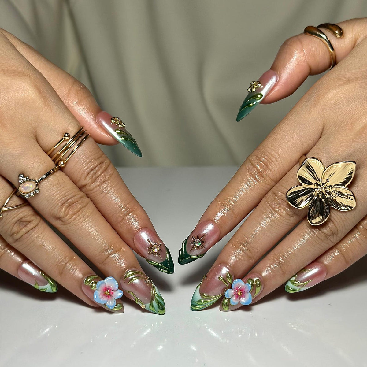 3D Floral Press On Nails Green Leaf Pink Chrome Nails Handmade Flower Nail Art Elegant