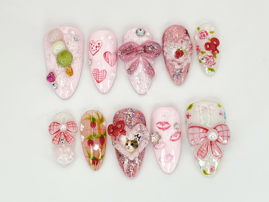 Pink Bow Romance Press On Nails Cat, Heart & Ribbon Themed Nail Art Custom Cat Nail Designs Cute and Sparkly Pet Nail Art OC556HC