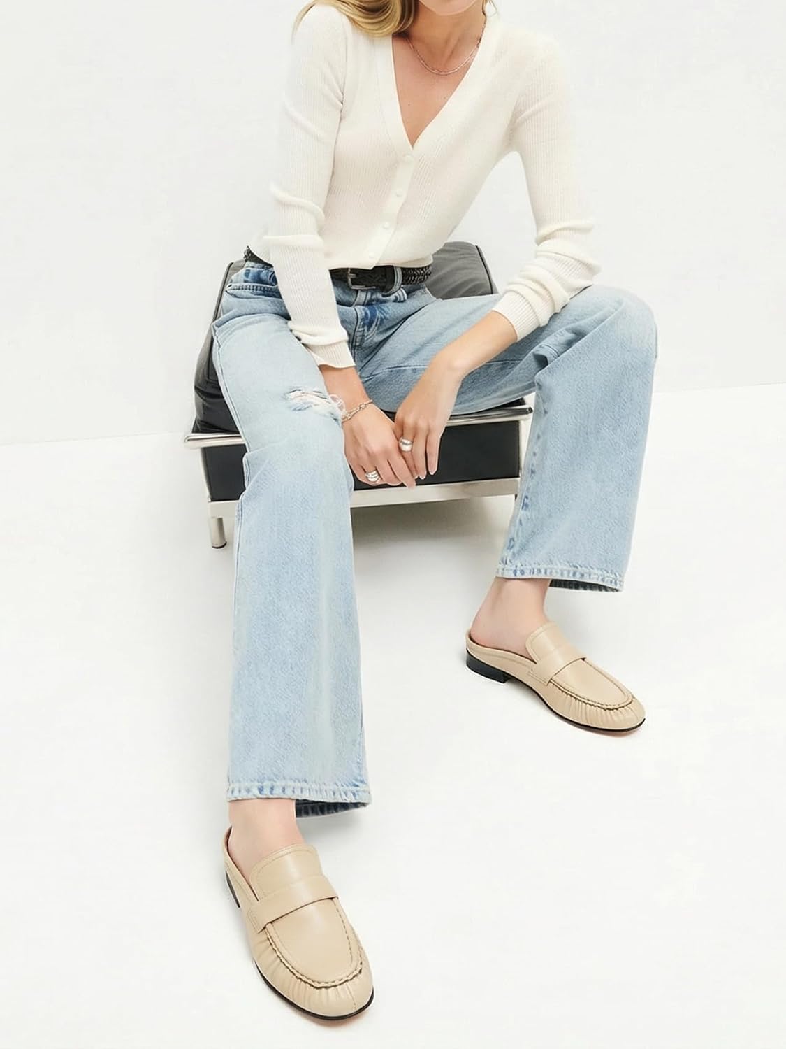 Penny Loafers for Women Chunky Heel Flat Mules Round Toe Slip on Comfortable Loafers Casual Slides Shoes