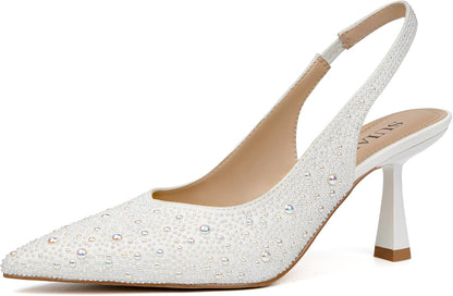 SUIARA Women's Slingback Wedding Heels Lace Mesh Kitten Heel Pointed Toe Pearl Pumps