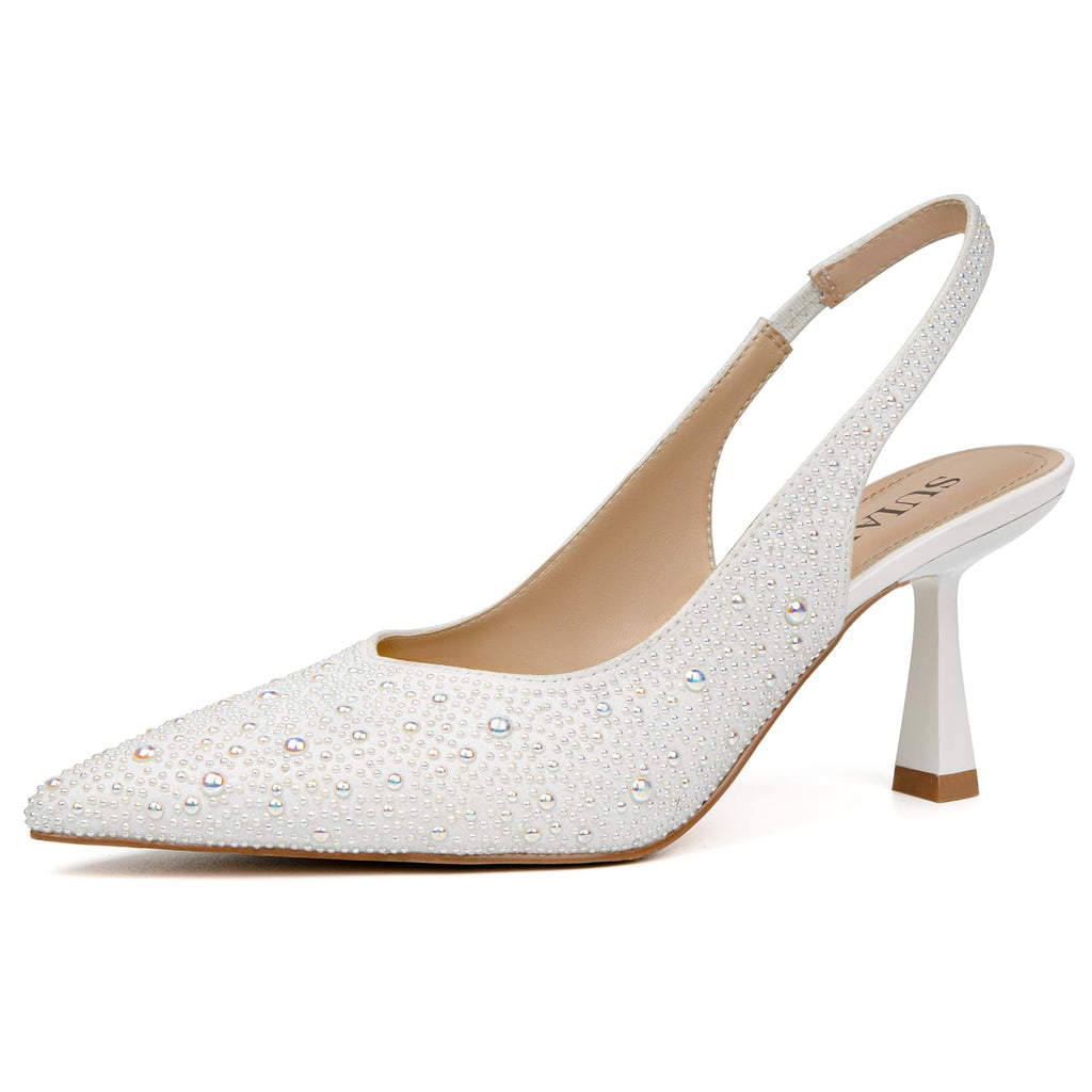 Slingback Wedding Heels for Women Bridal Lace Mesh Kitten Heel Closed Pointed Toe Pearl Pumps Shoes