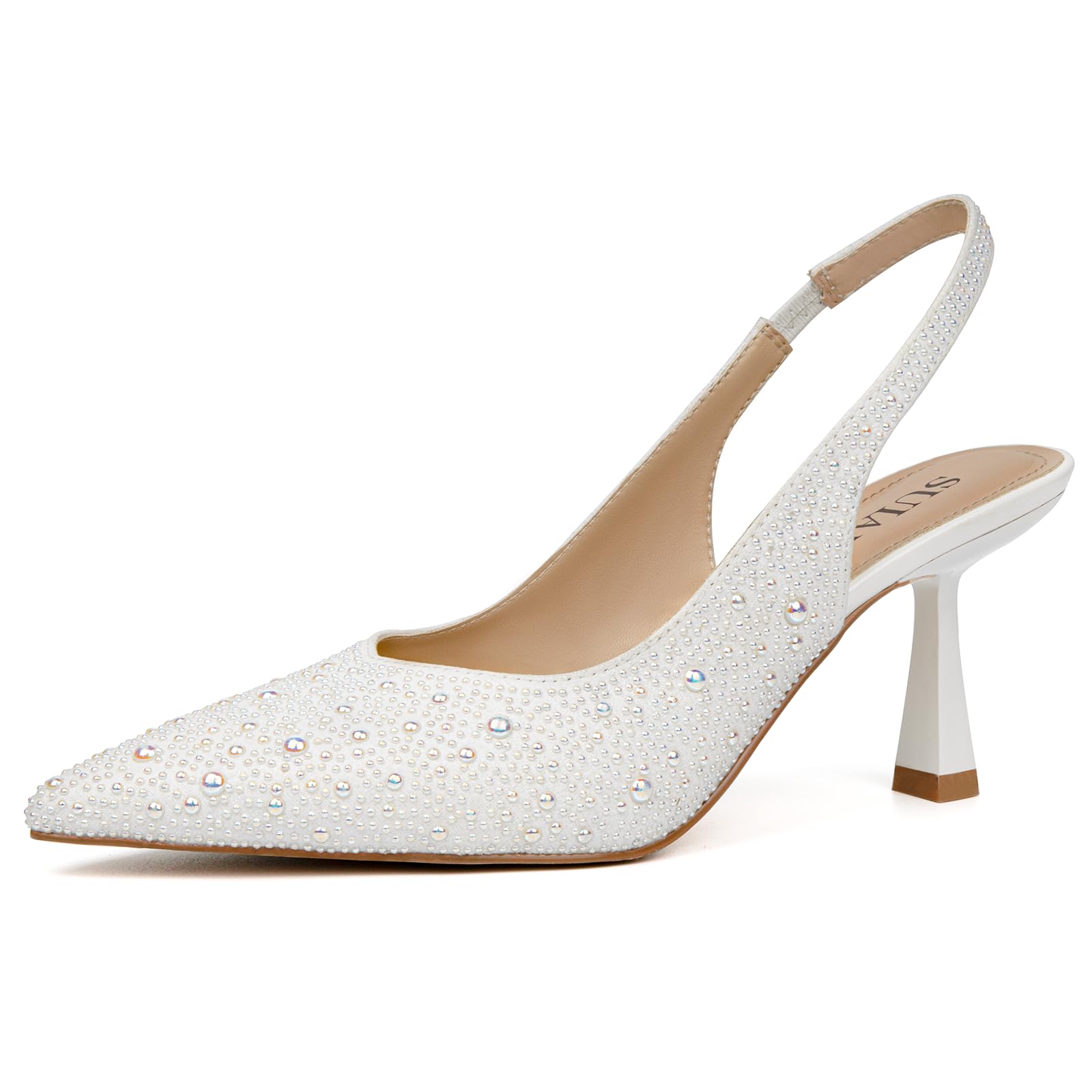 Slingback Wedding Heels for Women Bridal Lace Mesh Kitten Heel Closed Pointed Toe Pearl Pumps Shoes