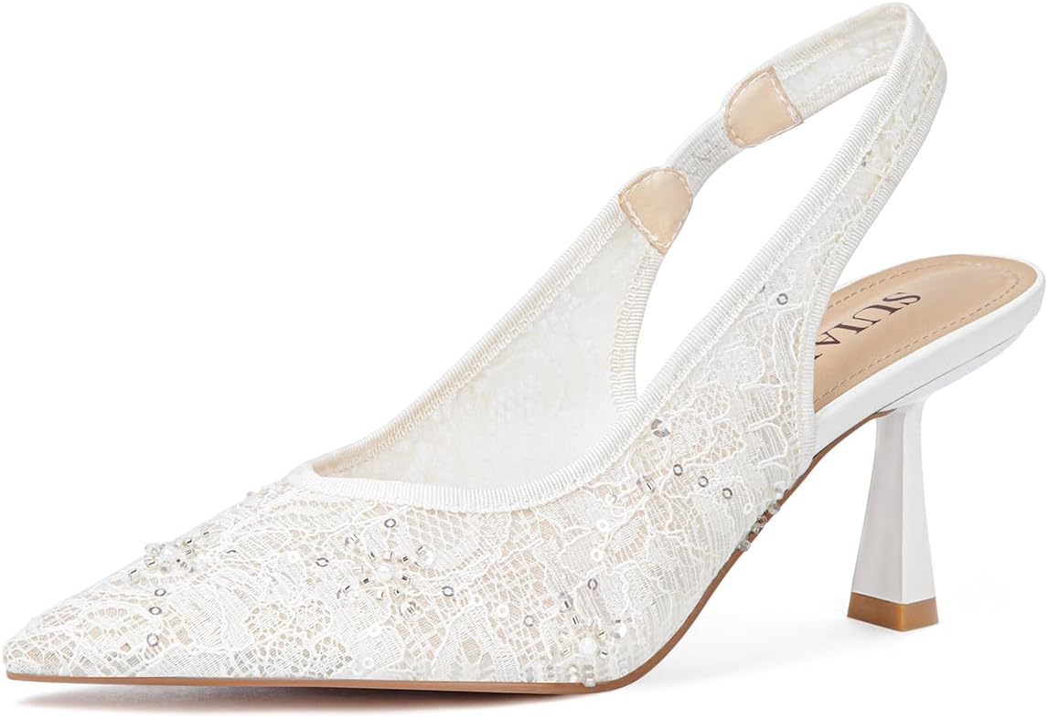 SUIARA Women's Slingback Wedding Heels Lace Mesh Kitten Heel Pointed Toe Pearl Pumps