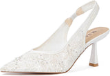 Slingback Wedding Heels for Women Bridal Lace Mesh Kitten Heel Closed Pointed Toe Pearl Pumps Shoes