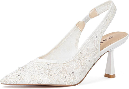 SUIARA Women's Slingback Wedding Heels Lace Mesh Kitten Heel Pointed Toe Pearl Pumps