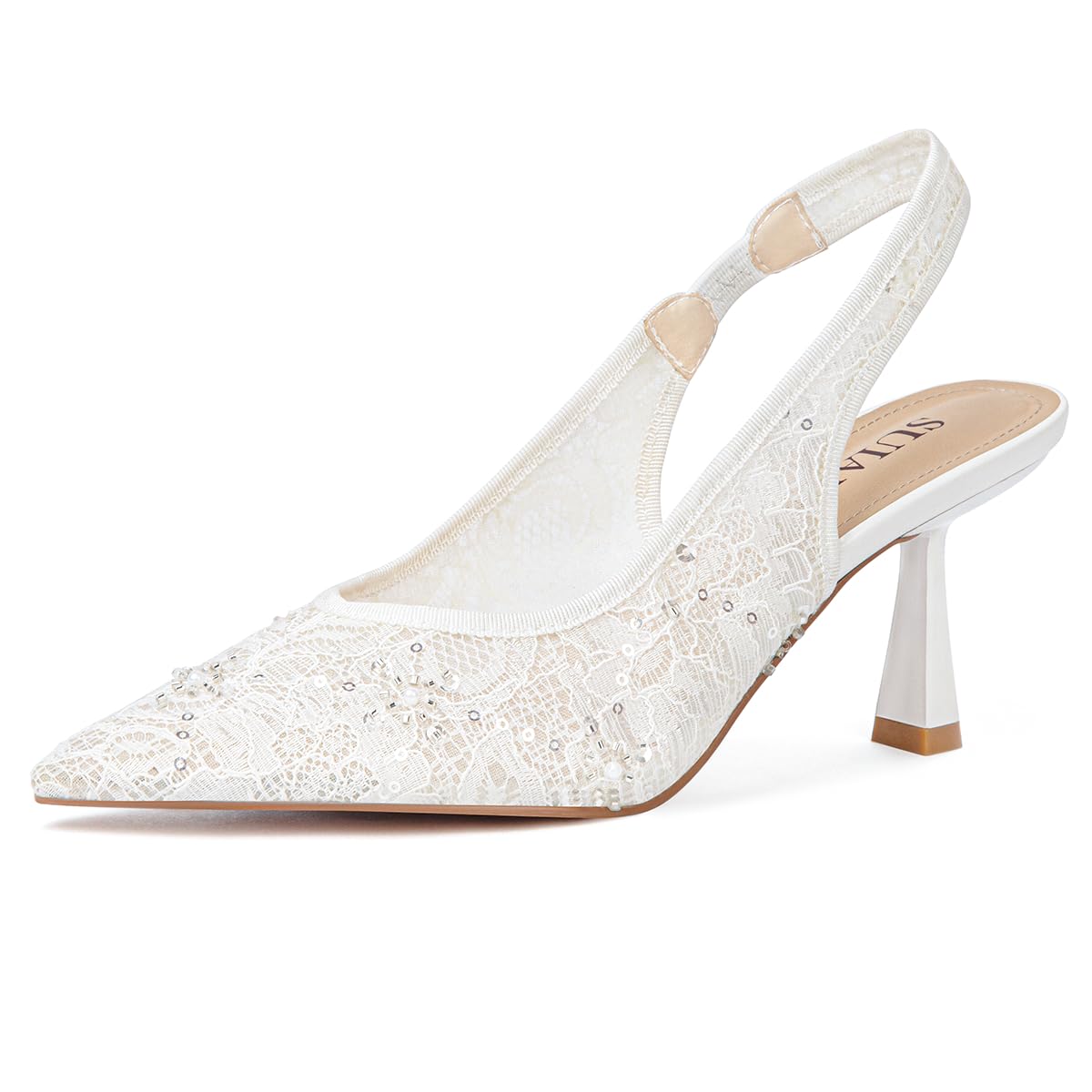 Slingback Wedding Heels for Women Bridal Lace Mesh Kitten Heel Closed Pointed Toe Pearl Pumps Shoes