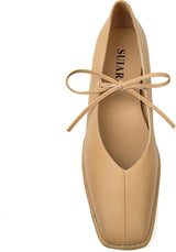 Lace up Ballet Flats Women Square Toe Mary Jane Flats Bow Slip On Comfortable Ballerina Shoes