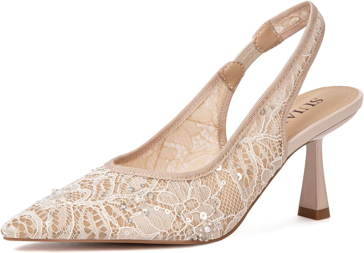 SUIARA Women's Slingback Wedding Heels Lace Mesh Kitten Heel Pointed Toe Pearl Pumps