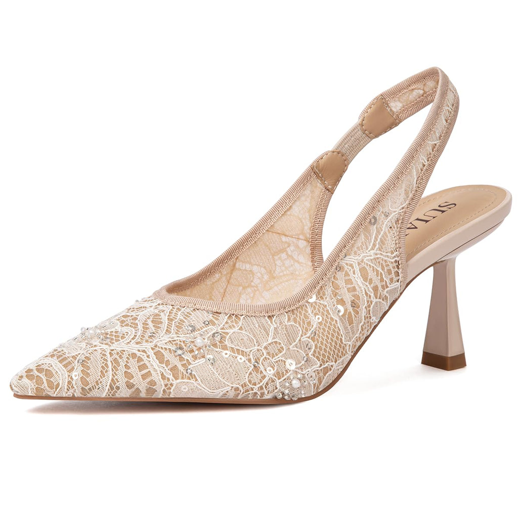 Slingback Wedding Heels for Women Bridal Lace Mesh Kitten Heel Closed Pointed Toe Pearl Pumps Shoes
