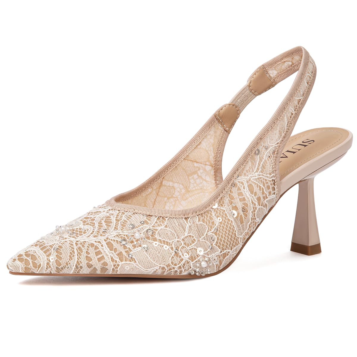 Slingback Wedding Heels for Women Bridal Lace Mesh Kitten Heel Closed Pointed Toe Pearl Pumps Shoes