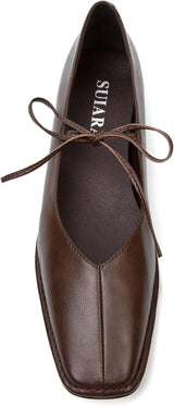 Lace up Ballet Flats Women Square Toe Mary Jane Flats Bow Slip On Comfortable Ballerina Shoes