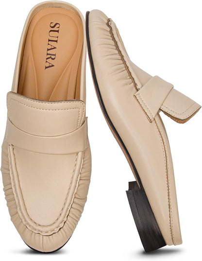 Penny Loafers for Women Chunky Heel Flat Mules Round Toe Slip on Comfortable Loafers Casual Slides Shoes