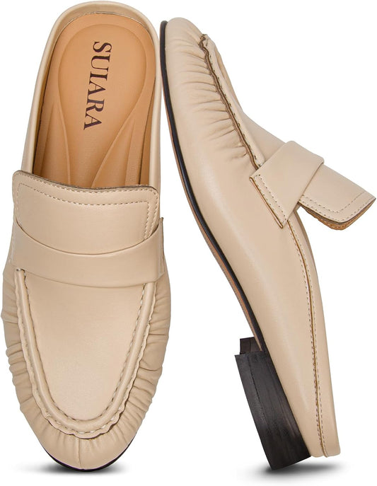 Penny Loafers for Women Chunky Heel Flat Mules Round Toe Slip on Comfortable Loafers Casual Slides Shoes