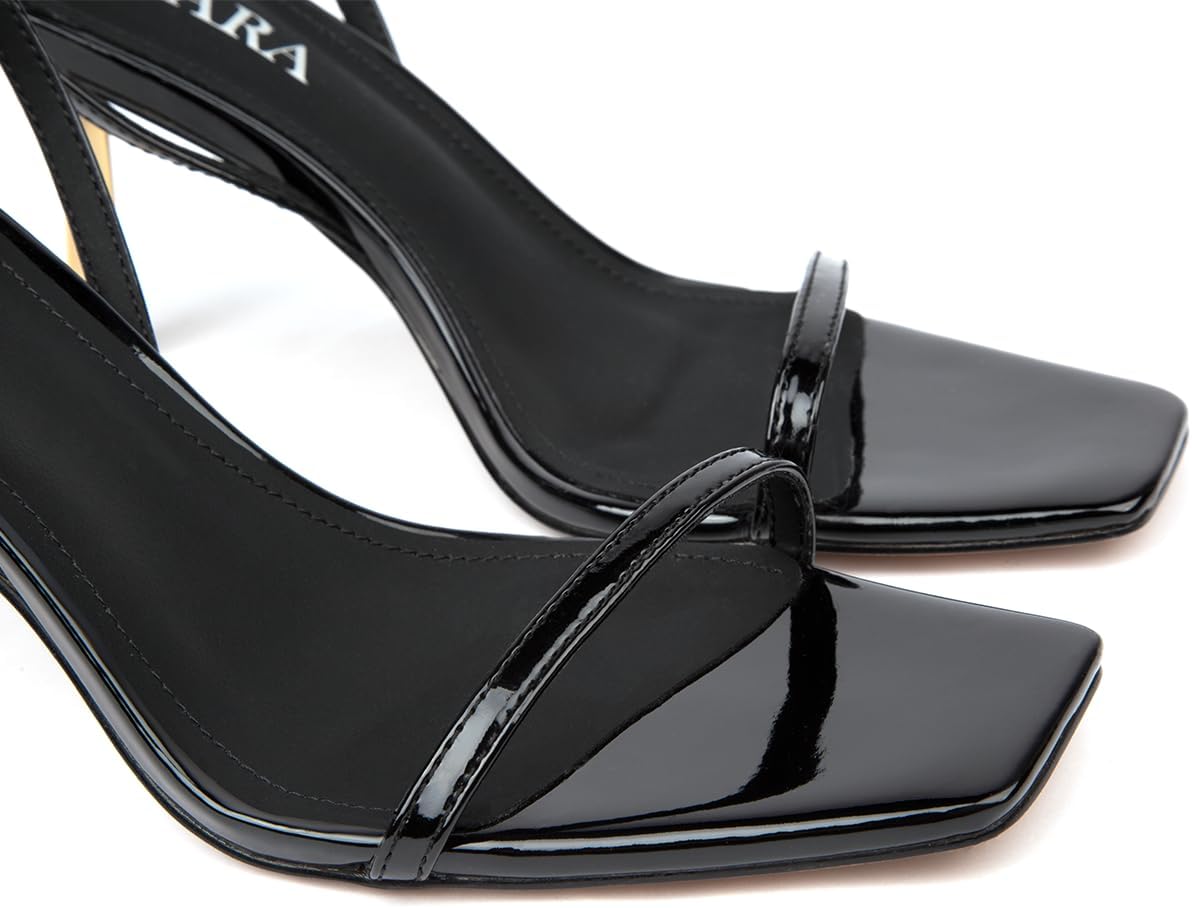 SUIARA Women's Slingback Pumps Stiletto Heel Open Toe Buckle Dress Shoes Black Patent