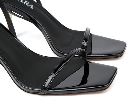 SUIARA Women's Slingback Pumps Stiletto Heel Open Toe Buckle Dress Shoes Black Patent