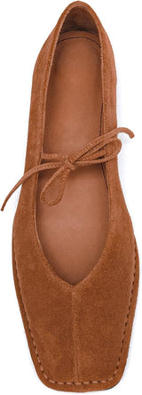Lace up Ballet Flats Women Square Toe Mary Jane Flats Bow Slip On Comfortable Ballerina Shoes