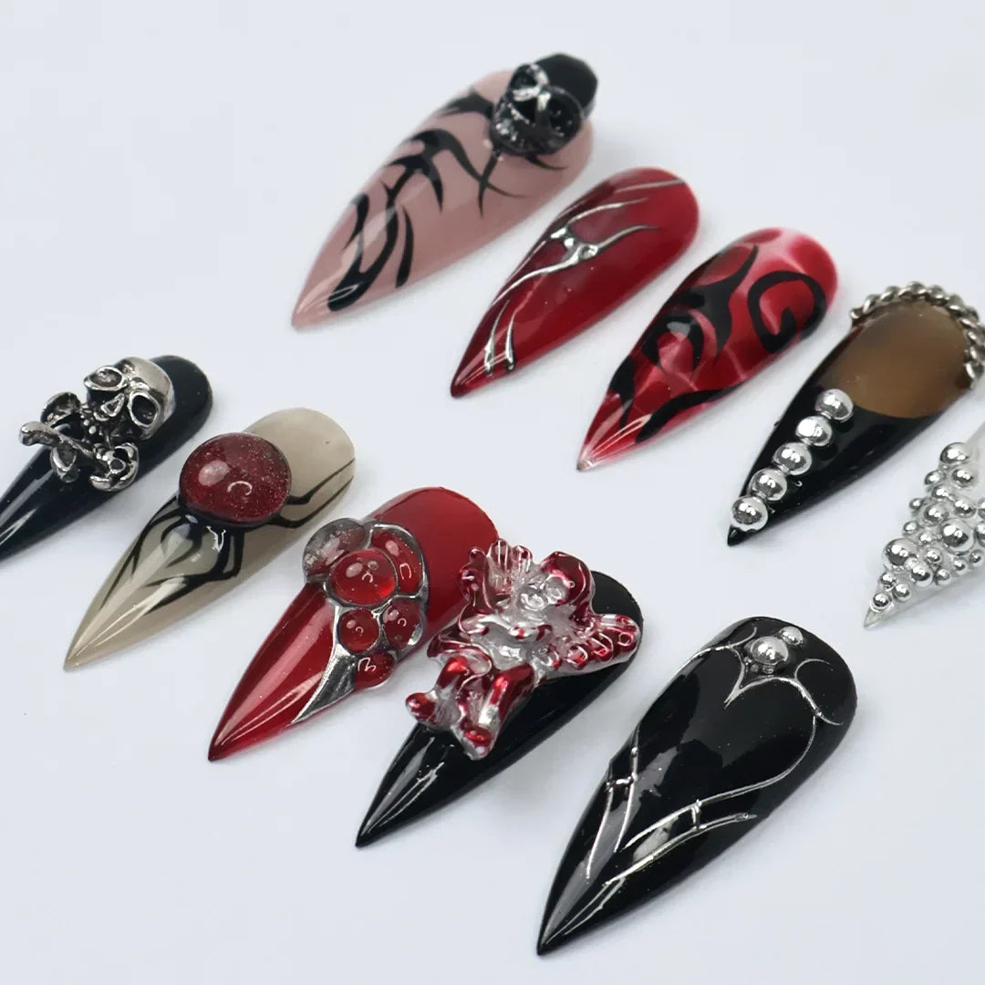 Glam Goth Black Red Handmade Press On Nails